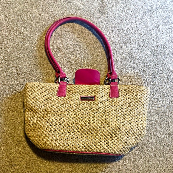 Rosetti Handbags - Rosetti Natural & Pink Woven Satchel Top Handle, Zip/Magnetic, Lined
